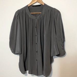 AKIKO sz Small Blouse SILK Elegant Full, Flowy Puff Sleeves Button Front Gray